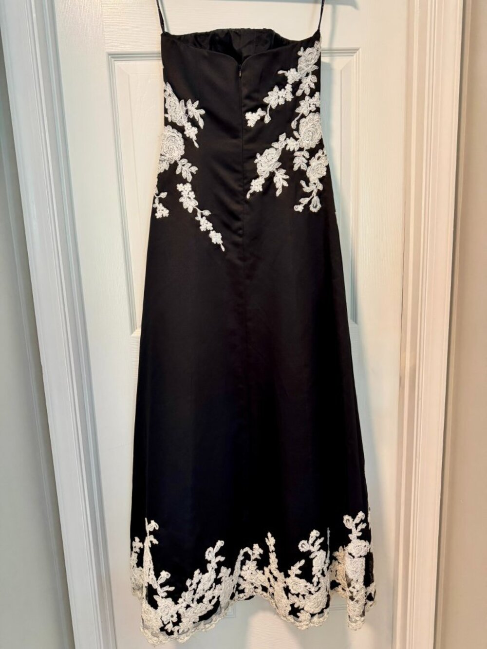 JOVANI Black Satin Strapless A‑Line Gown—White Lace & Beaded Floral Appliqué — 6 - Picture 2 of 9